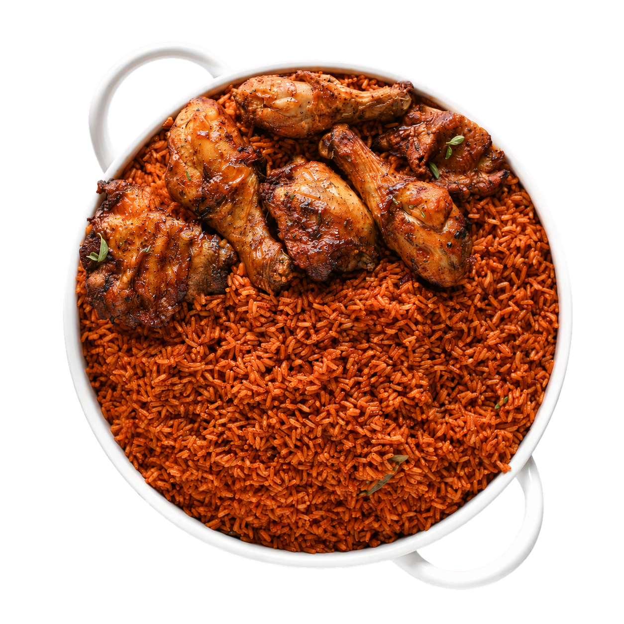 A serving pan of jollof rice and chicken