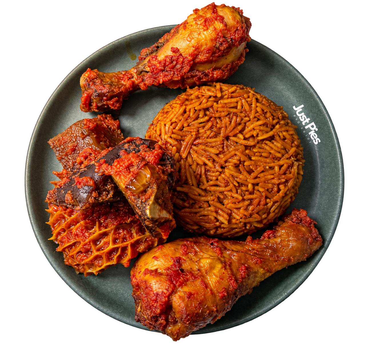 Just Pies and Jollof meal with jollof rice and protein